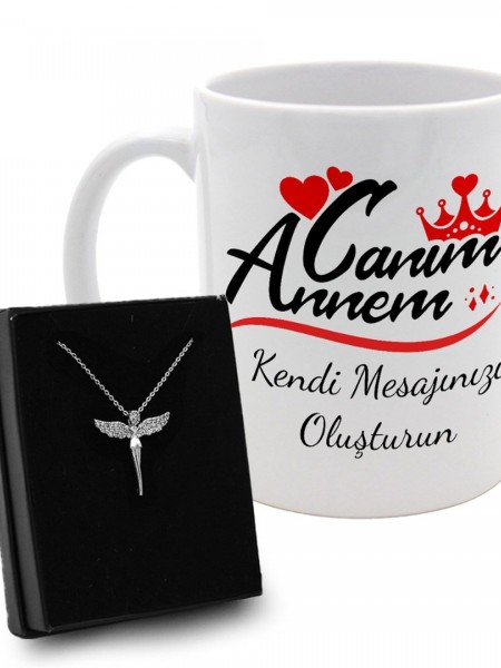 Anneler Gününe Özel Kişiye Özel Mesajlı Kupa & Gümüş Taşlı Melek Kolye