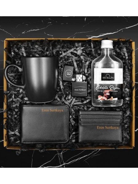 Çikolata Rüyası Kolonya & Siyah Kupa & Kişiye Özel Cüzdan & Zippo Model Çakmak & Kartvizitlik Hediye Seti