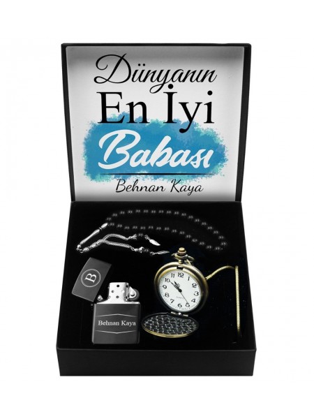 Babalar Gününe Özel Tasarım Kutu & Tasarım Köstekli Cep Saati & Kişiye Özel Zippo Model Çakmak & Tesbih Seti