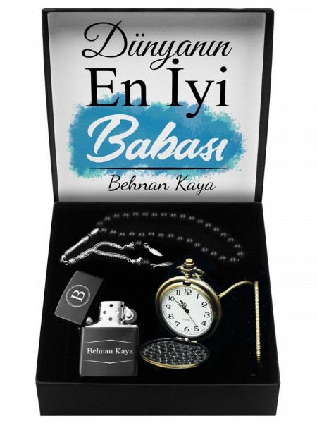 Babalar Gününe Özel Tasarım Kutu & Tasarım Köstekli Cep Saati & Kişiye Özel Zippo Model Çakmak & Tesbih Seti