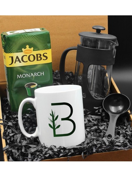 Kişiye Özel Harf Detaylı Kupa & French Press & 250 Gram Jacobs Monarch Filtre Kahve Hediye Seti