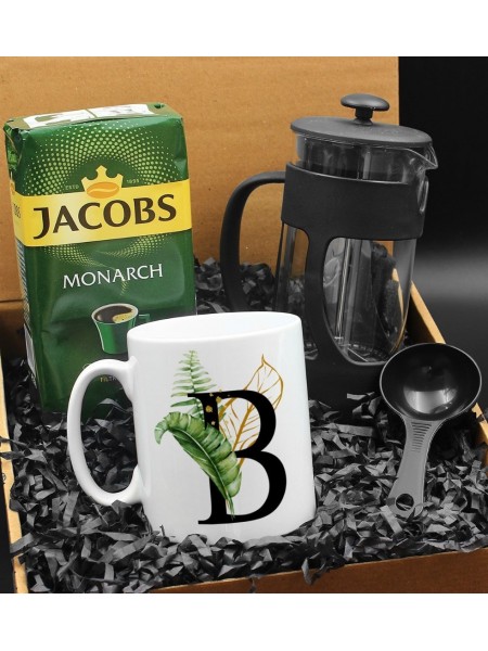 Kişiye Özel Harf Tasarımlı Kupa & French Press & 250 Gram Jacobs Monarch Filtre Kahve Hediye Seti