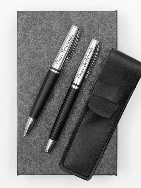 Özel Kutusunda Kişiye Özel Deri Kılıflı Roller ve Tükenmez Kalem Seti