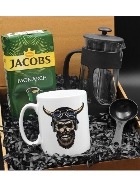 Özel Tasarımlı Kasklı Kuru Kafa Kupa & French Press & 250 Gram Jacobs Monarch Filtre Kahve Hediye Seti