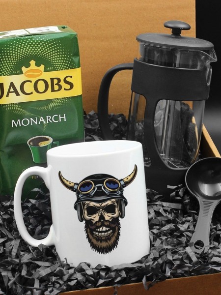 Özel Tasarımlı Kasklı Kuru Kafa Kupa & French Press & 250 Gram Jacobs Monarch Filtre Kahve Hediye Seti