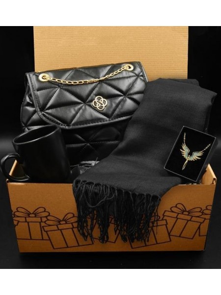 Sevdiklerinize Özel Siyah Çanta & Siyah Şal & Siyah Kupa & Melek Kolye Hediye Seti