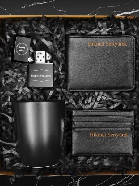 Siyah Kupa & Kişiye Özel Cüzdan & Kişiye Özel Kartvizitlik & Kişiye Özel Zippo Model Çakmak Seti
